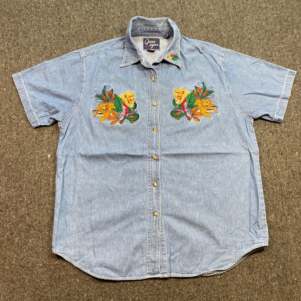 Quizz Again Denim Shirt Sz L Womens Blue Safari Lion Leopard Embroidered Top